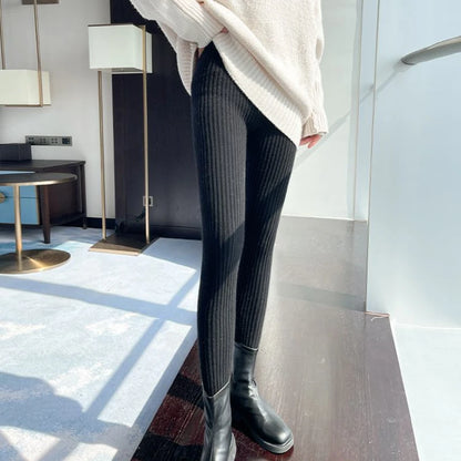 Slim Leggings Autumn Women's High Waist Casual Trousers Knitted Ribbed Thicken