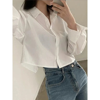 202 Spring Casual Long Sleeve Women White Shirt Korea Style Solid Button Split Woman Crop Tops Blouse Party Clothing ﻿