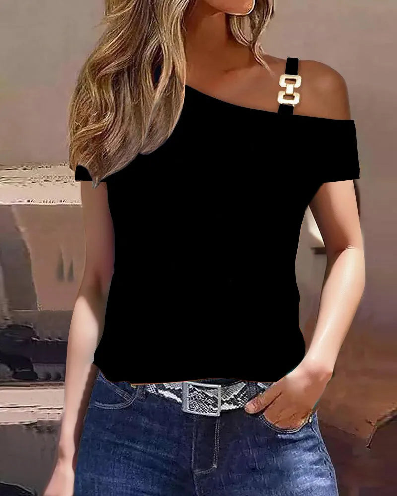 Women's Casual Tees Sexy Tops 2023 Summer Simple Short Sleeve Metal Button Print Cutout Off Shoulder T-shirt S-XXL