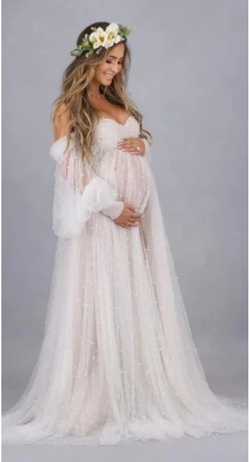 Photography Props Maternity Dress - Pearl White Yarn Babyshower Gown