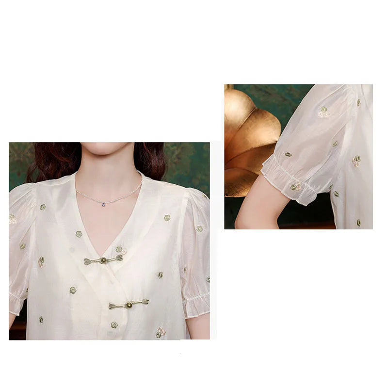 Fashion Summer Short Sleeve V-Neck Women Shirt Embroidery Chiffon Shirt Blouse Women Tops Blusas Mujer De Moda 2024 Verano A93