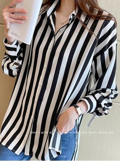 Fashion Black White Striped Print Women's Blouses Casual Long Sleeve Office Lady Blouse Shirts Female Loose Blusas Tops 2024