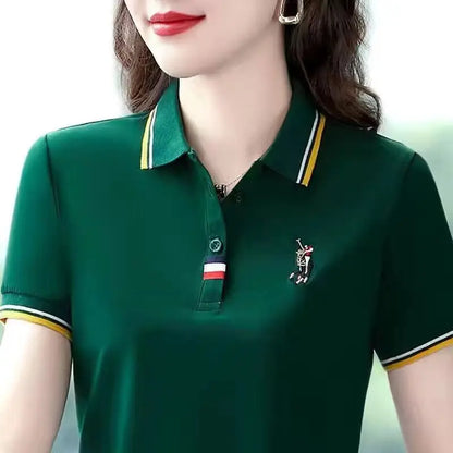 Women's Short Sleeve T-shirt 2024 New Middle-Aged Women's Lapel T-shirt Loose Female's Embroidery Contrast Polo Shirt