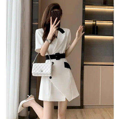 Summer Fashion Short Sleeve Blazer Dresses Women French Suit Mini Skirts Belt Dress