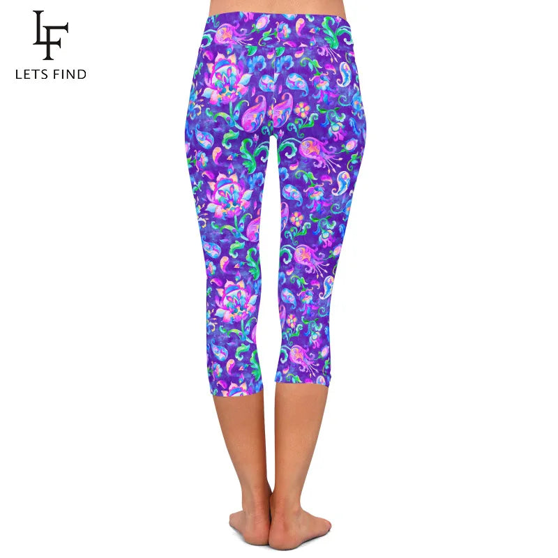 Fashion Paisley Watercolor Floral Print Capri High Waist Leggings