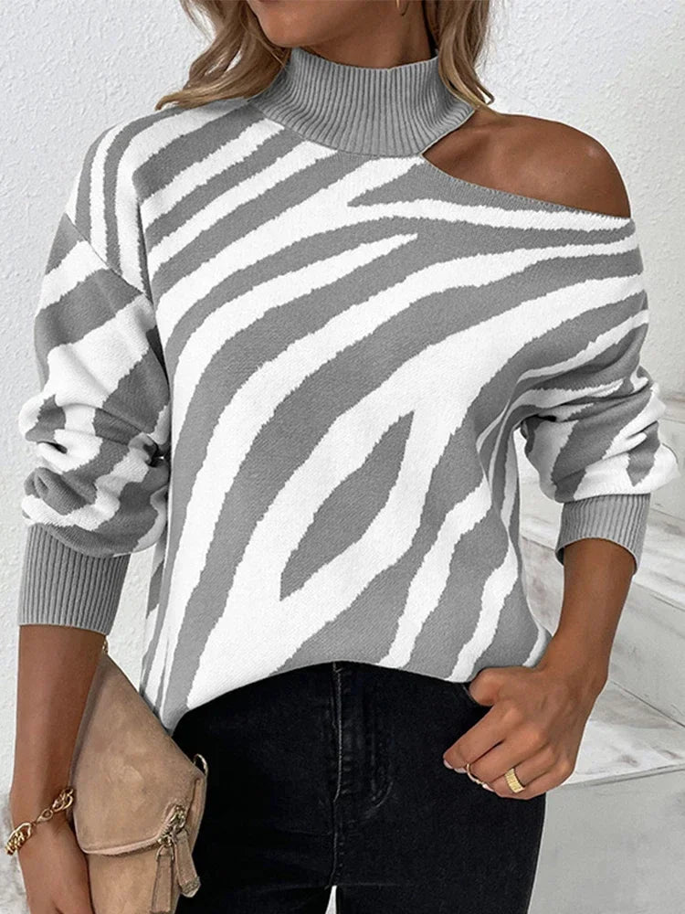 Fall Winter Sweater Female Long Sleeve Turtleneck Pullovers Lady Elegant Striped Knitted Jumper Casual Women Cut Out Sweater Top