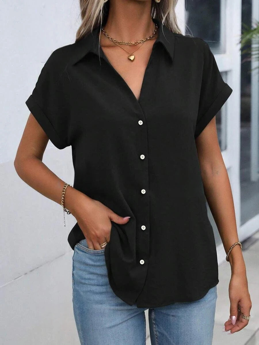 Vibrant Solid Color Relaxed Fit Blouse - Classic Button Front Short Sleeve Simple Chic Design - Perfect for Womens Everyday We