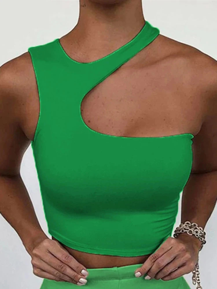 Cut Out Sexy Crop Off Shoulder Solid Skinny Sport Short Tops Women Tank Irregular Summer Tube Tops