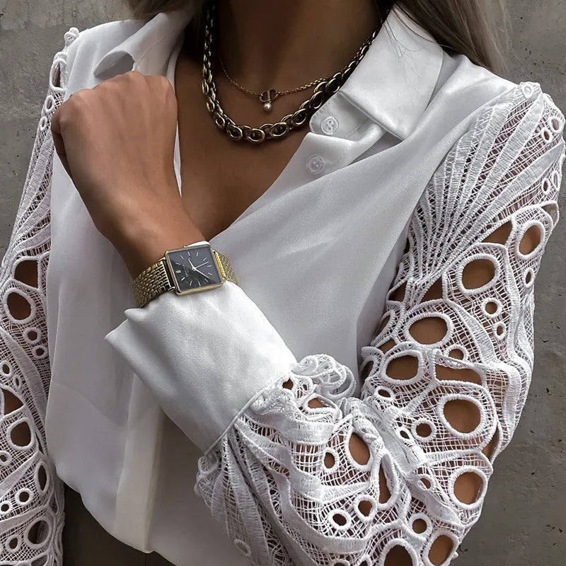 White Lace Patchwork Camisa Top Mujer Spring Summer Casual Long Sleeve Shirts For Women 2022 Vintage Hollow Out Button Blouses