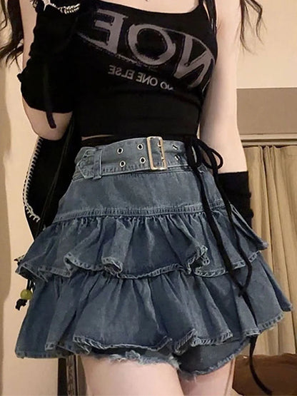 Y2K Vintage Women's Korean Pleated Belted Short Denim Mini Skirt