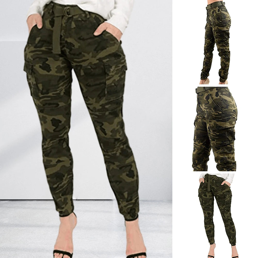 Spring Women's Plus Size Camo Jogger Cargo Pants High Waist Slim Casual Trousers