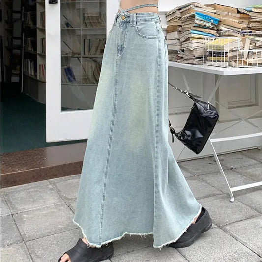 Woman Y2K Long Denim Skirts Kawaii Blue Harajuku