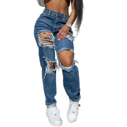 Hollow Out Ripped Straight Jeans Women's Blue Punk Baggy