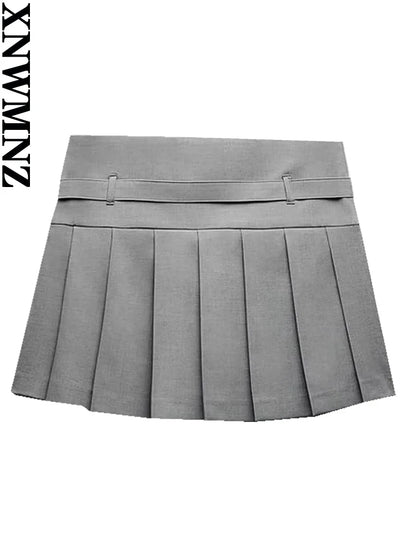 Women's Fashion Autumn Box Pleat Skort Vintage Belt Mini Skirt