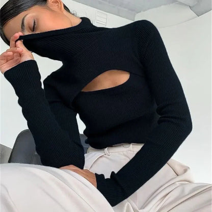 Hollow Out Knitted Tops Women Turtleneck Pullover Spring Autumn Long Sleeve Undershirts Fashion Office Lady Warm Ribbed Sweaters