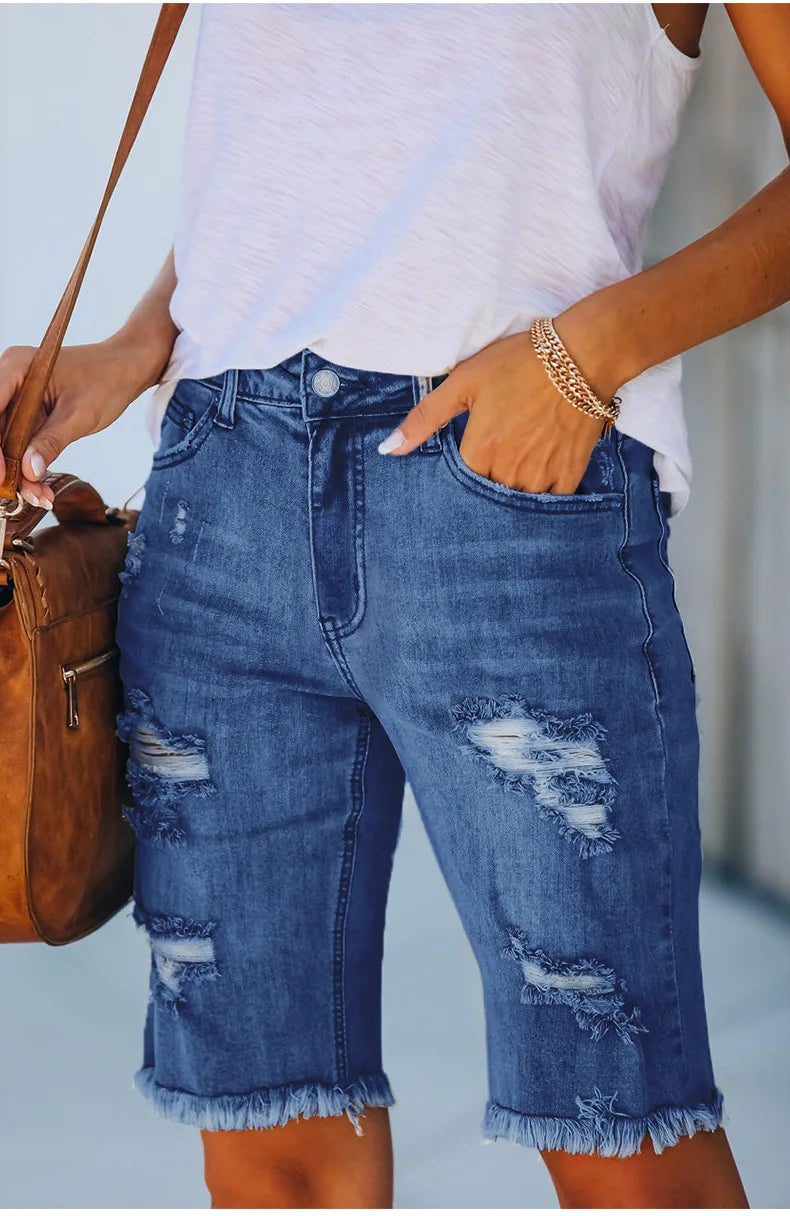 Ripped Jeans Summer Street Tassel Elastic Skinny Mid Waist