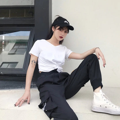 Black Cargo Pants Women's Wide Leg Hiphop Streetwear Loose