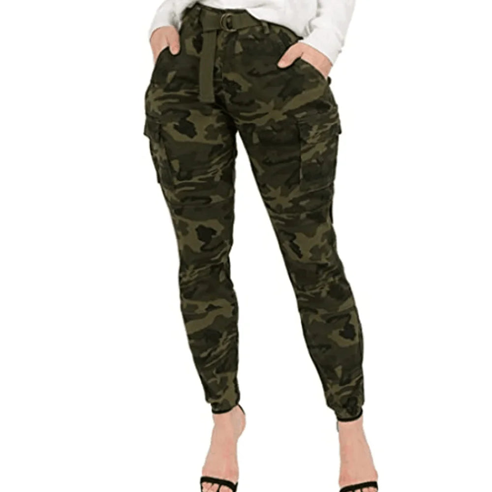 Spring Women's Plus Size Camo Jogger Cargo Pants High Waist Slim Casual Trousers