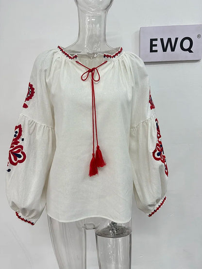 EWQ Sweet Style Women Pullover Shirts Embroidery Patchwork Bandage V-neck Lantern Sleeve Spring Summer 2023 New Blouse SN0452