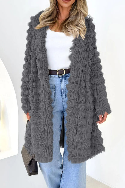 2023 Winter Long Sleeve Faux Fur Jackets - Open Front Long Cardigan Coat