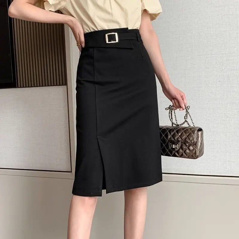 Elegant Suit Business Work Skirt High Waist Split Knee