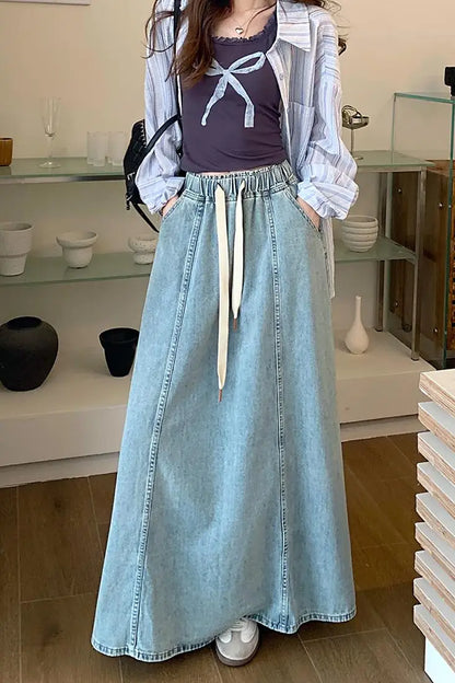 2 Colors Long Denim Skirt Korean Style High Elastic