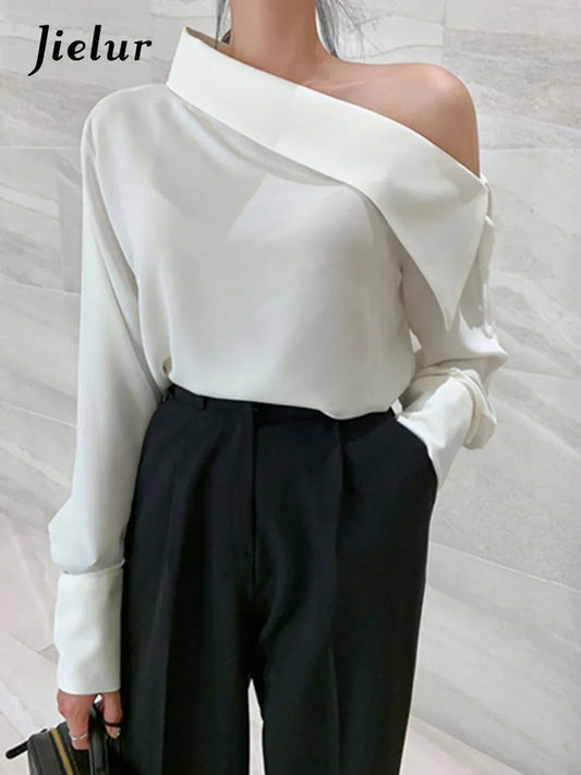 Jielur Office Lady Korean Style Black Blouses One Shoulder Sexy Shirts Women Spring Summer Cold Blouse Female Elegant White Tops