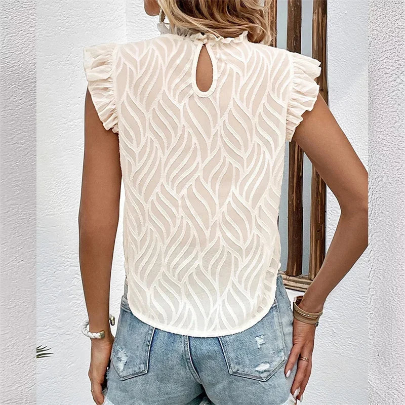 Women Pleated O Neck Pullover Shirt Summer Ruffles Decoration Sleeveless Blouse Female Daily Casual Sweet Style Solid Color Tops