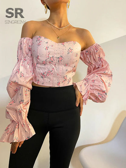 SINGREINY Korean Strapless Floral Blouse Elastic Ruched Slim Long Sleeve Tops Women Sexy Off Shoulder Short Blouser New Autumn