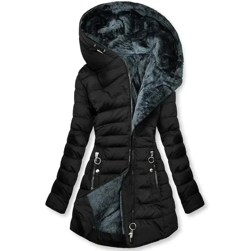 Zipper Slim-Fitting Parkas - Cotton-Padded Jacket, Trend Winter Warm Fur Collar Parkas, Women's Long-Sleeve Hooded Coats