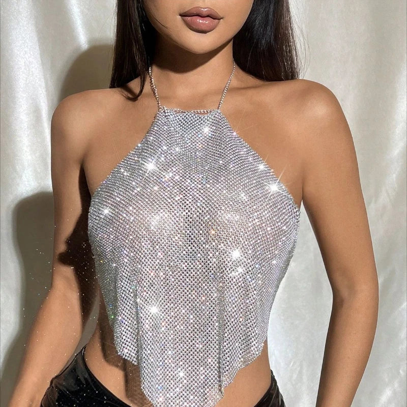 Shiny Diamond Women's Tank Top Crystal Rhinestone Halter Low Out Backless Crop Tops Sexy Nightclub Y2K Festival Rave Party Camis