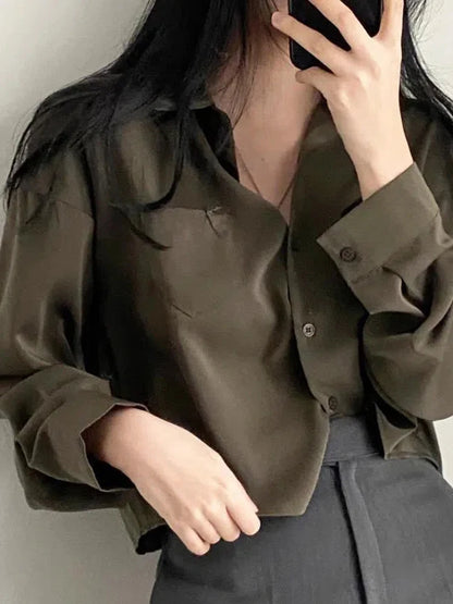 Jmprs Designed Women Shirts Korean Fashion Solid Long Sleeve Button Up Tops Office Ladies Chiffon Short Blouse New