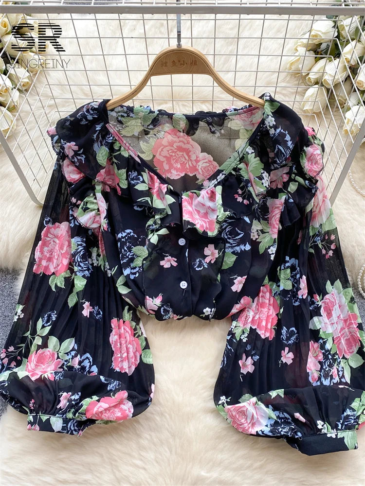 SINGREINY Floral Print Loose Shirt Women Lantern Sleeve V Neck Fashion Thin Causal Ladies Fashion Ruffles Summer Blouse