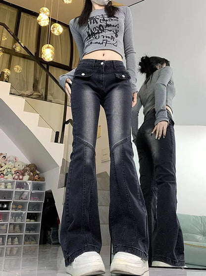 High Quality Office Lady Black Flare Jeans Low