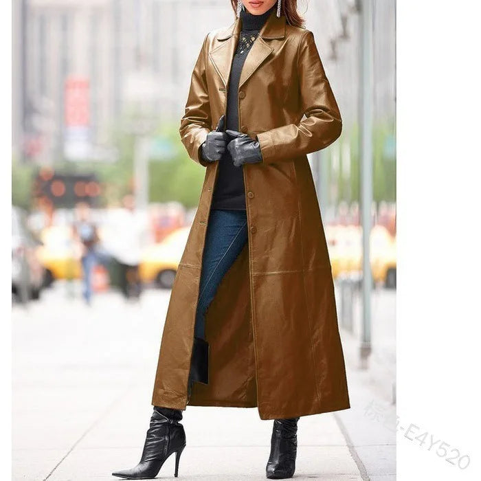 Women's Leather Coat - Button Long-Cut