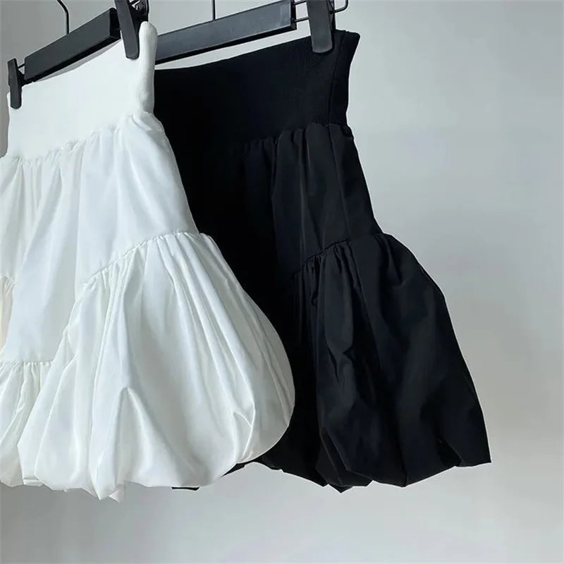 Spring Summer Black Fold Ball Gown Skirt Women's Elastic High-Waist A-Line Sexy