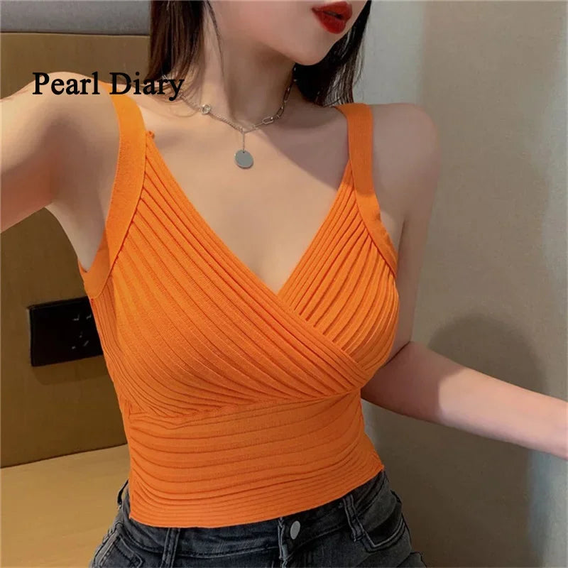 Pearl Diary Summer Retro Rib Tank Tops V Neck Knitting Sleeveless Women Tops Solid Color Thin Sexy  Skinny Chic Tops