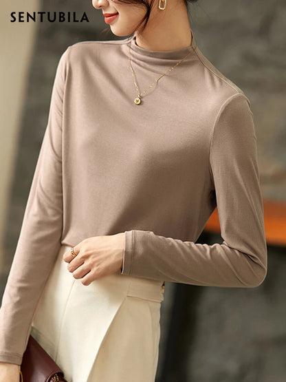 SENTUBILA Half Turtleneck Long Sleeve T-shirt for Women 2024 Spring Fashion Basic Tops Female Slim Tee Shirts Woman Clothing