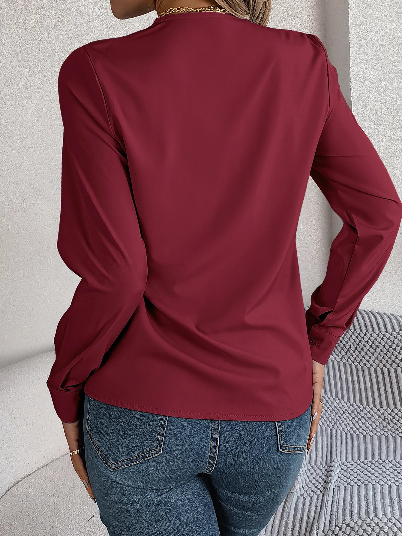 Spring Summer Casual Solid Color Triple V-Neck Long Sleeve Shirt Women Tops