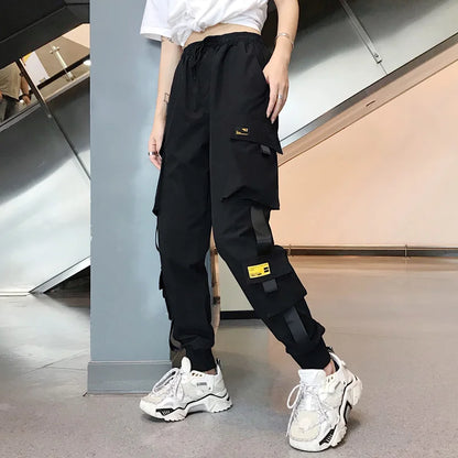 Black Cargo Pants Women's Wide Leg Hiphop Streetwear Loose