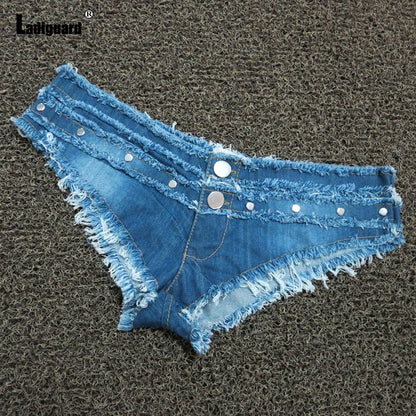 New Sexy Thong Denim Shorts Pearl Beading Vintage Ripped Hotpants