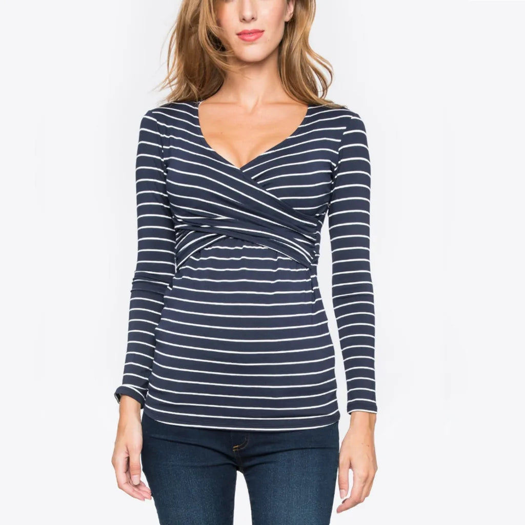 New Pregnant Women T-shirt Maternity Blouse Casual Long Sleeve Striped Nursing Top