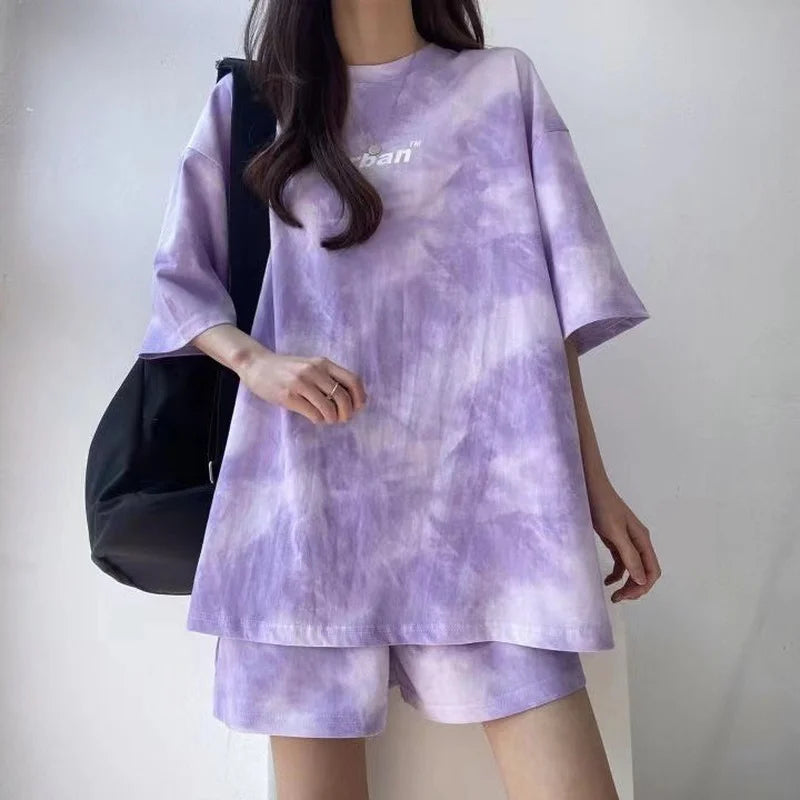 Women's Sports Suit Summer Short Sleeve Top Shorts Casual Two Piece Set Tie Dye Loose Fashion Pants Suit Thin Korean