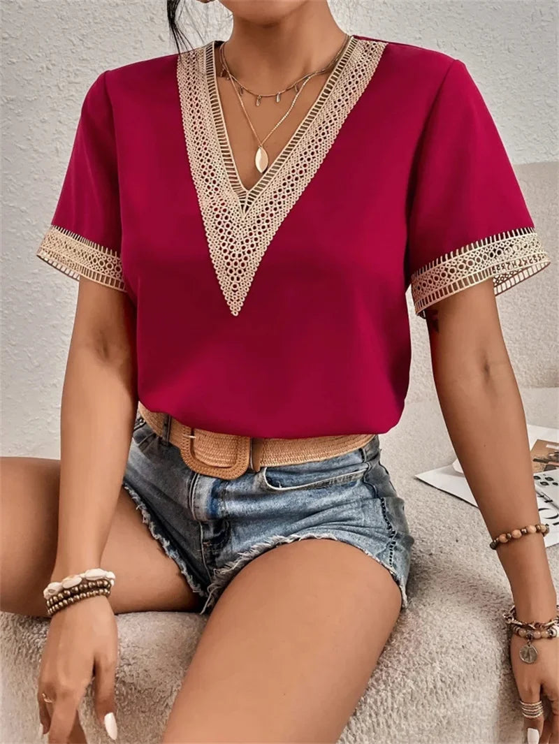 Women's Blouse V-neck Splicing Lace Elegant Commuter Loose Short Sleeve Shirt Female 2023 Summer British Style Daily Casual Tops