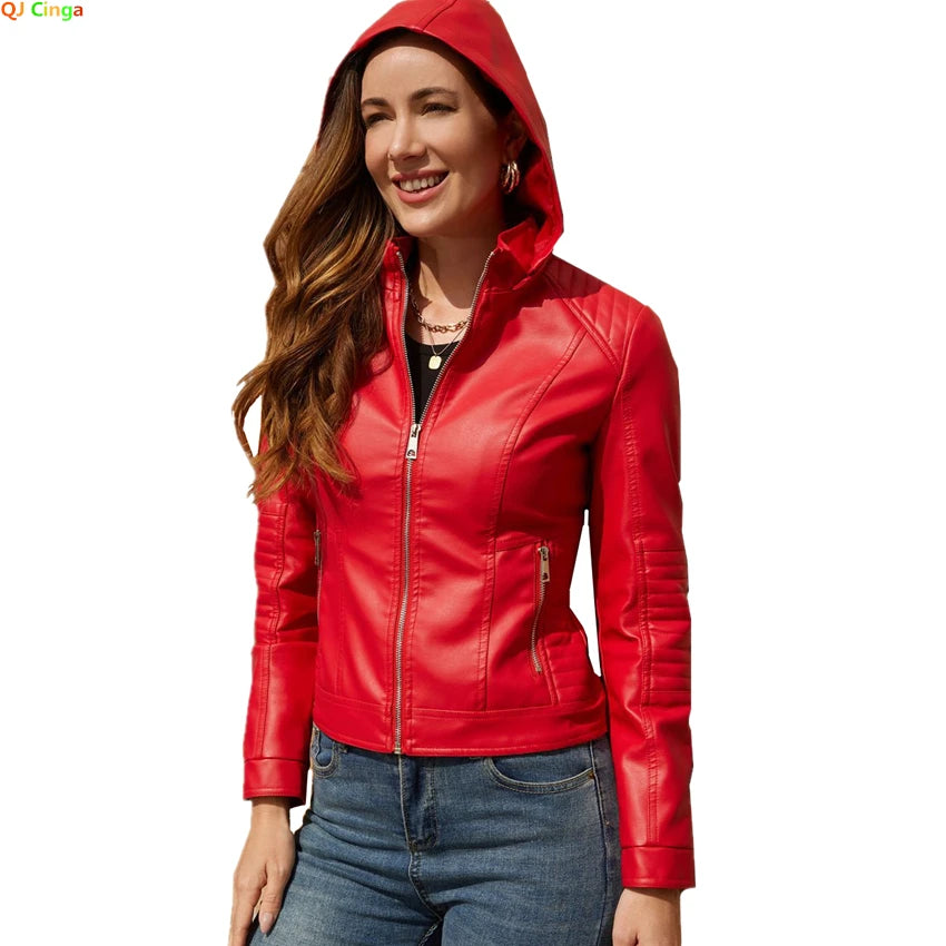 Women’s Hooded Leather Jacket - Windproof Fashion PU Coat