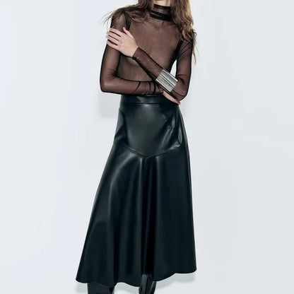 Women's Spring Vintage Leather Black Long Skirt Fashion High Waist