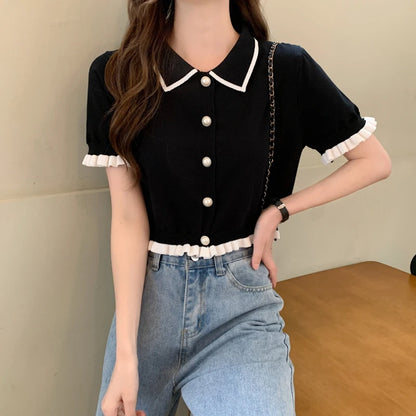 Sweet Women Shirt Korean Knitted Turn Down Collar Chic Short Sleeve Female Blouse Summer Retro Slim All Match Ladies Crop Tops