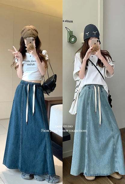 2 Colors Long Denim Skirt Korean Style High Elastic