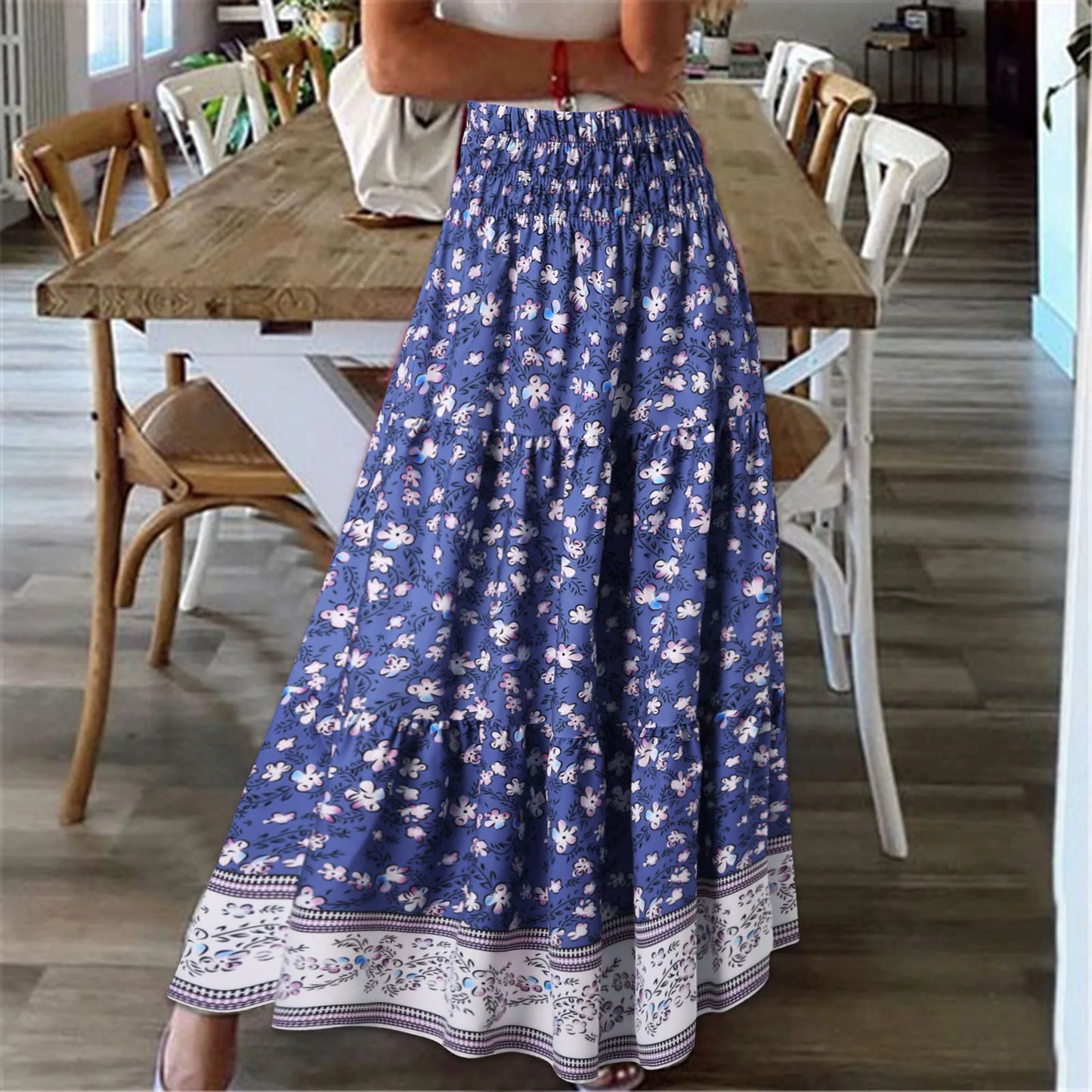 Retro Floral Print Skirts Women's Summer High Waist A-Line