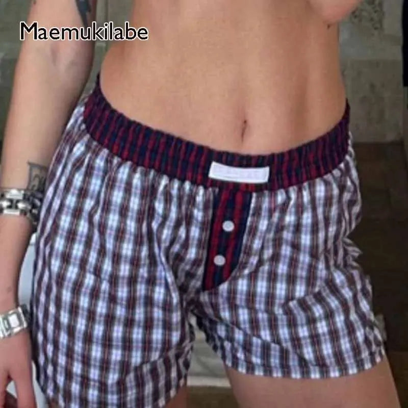 Plaid Boxers Shorts Casual Buttons Elastic Waist Streetwear Vintage